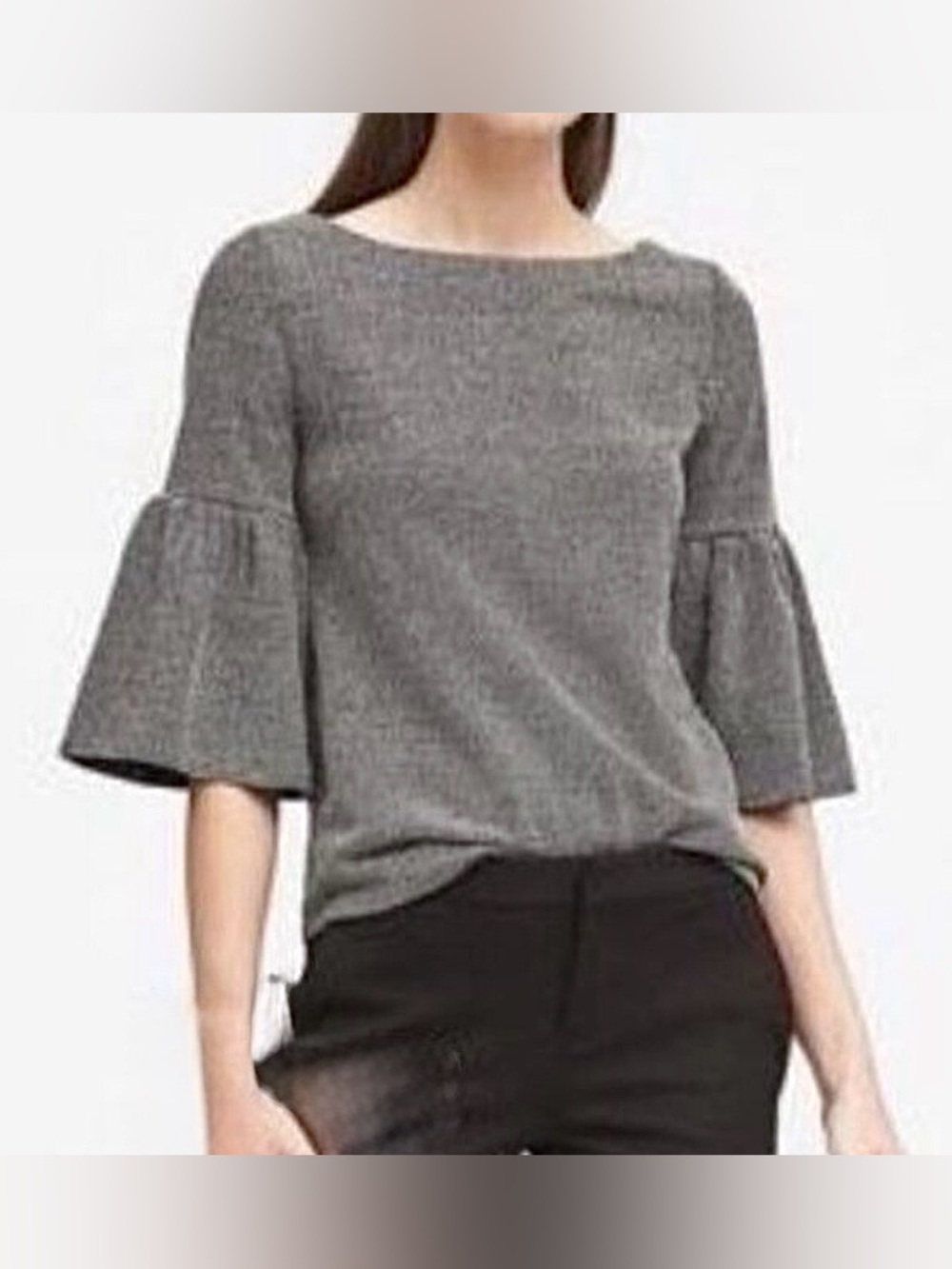 Banana Republic 3/4 Bell-Sleeve Tweed Top black/grey crew neck